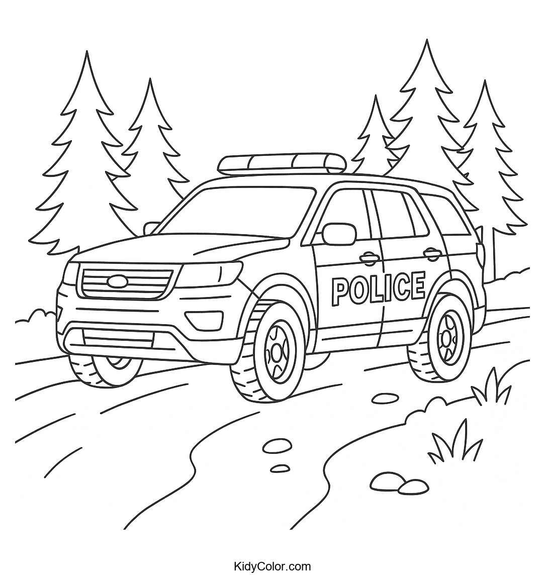 Police Suv On Forest Road Free Printable Coloring Pages for